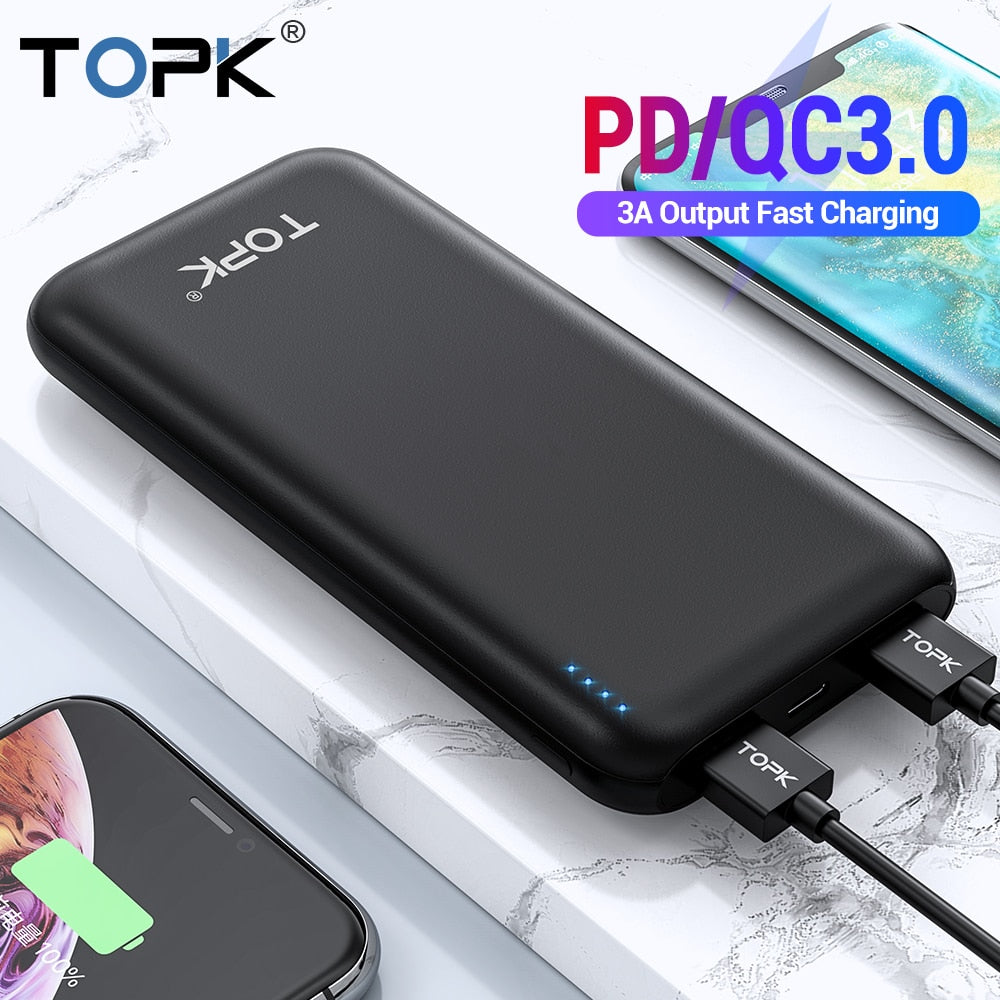 Topk 10000 mah power bank 18 w usb tipo c baterias externas qc3.0 pd em dois sentidos de carregamento rápido powerbank para samsung xiaomi