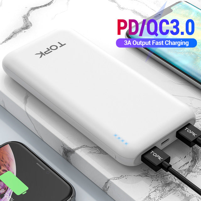 Topk 10000 mah power bank 18 w usb tipo c baterias externas qc3.0 pd em dois sentidos de carregamento rápido powerbank para samsung xiaomi