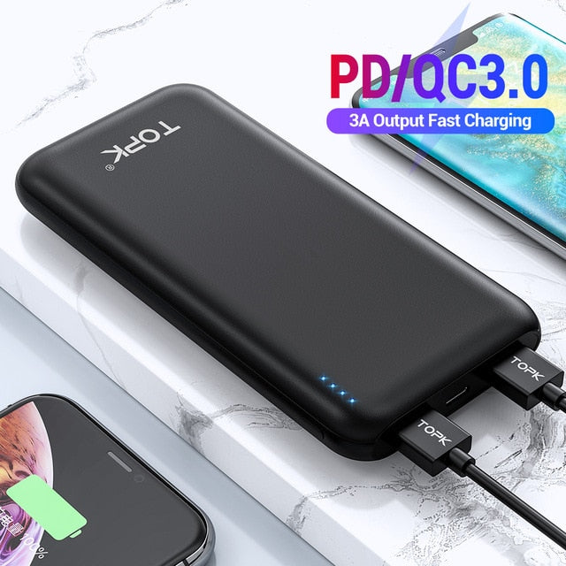 Topk 10000 mah power bank 18 w usb tipo c baterias externas qc3.0 pd em dois sentidos de carregamento rápido powerbank para samsung xiaomi